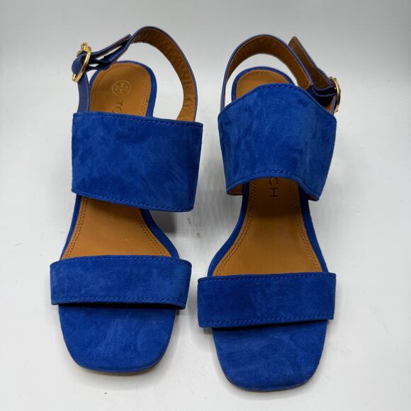Tory Burch Women's Leather Selby Block-Heel Sandals Blue Size 9 - Picture 1 of 10
